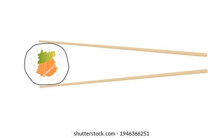 Roll with avocado and salmon holding in sticks. Vector illustration