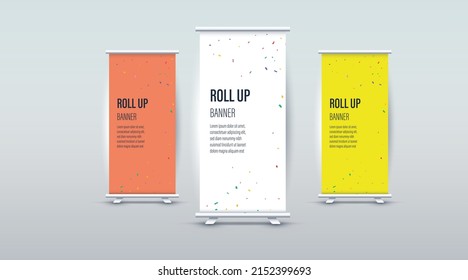 Roll up banner with 3 steps background. Vector yellow, white, red display mock up for presentation or exhibition your product. Vertical blank roll up board for trade advertising design EPS 10 design