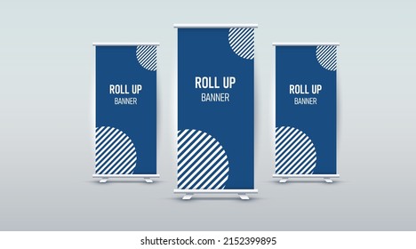 Anuncio con fondo de 3 pasos. La pantalla azul vectorial se burla de la presentación o exposición de su producto. Placa vertical de enrollamiento en blanco para el diseño de publicidad comercial Diseño EPS 10