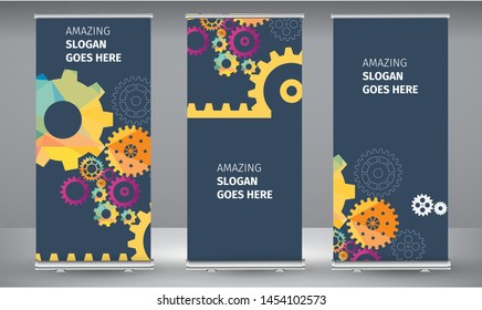 Roll up banner abstract techno gear background with geometric colorful gear wheels. Space for gear text. Vector gears modern mechanism industrial concept. Technology gears background. gears Vector.