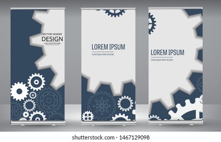 Roll up banner Abstract techno gear background with geometric colorful gear wheels. Space for gear text. Vector gears modern mechanism industrial concept. Technology gears background. Gears Vector.