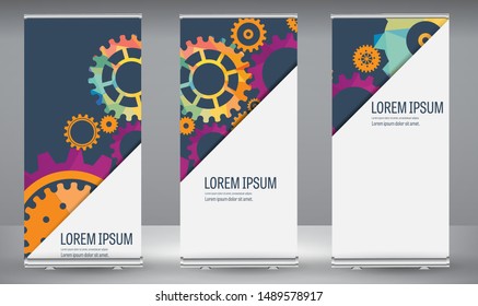 Banner de rodadura Fondo del engranaje técnico abstracto con ruedas geométricas coloreadas de engranaje. Espacio para texto de engranaje. El vector obtiene el concepto industrial del mecanismo moderno. Fondo de los engranajes tecnológicos. Vector de engranajes.