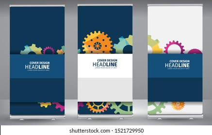 Roll up banner abstract techno gear background with geometric colorful gear wheels. Space for gear text. Vector gears modern mechanism industrial concept. Technology gears background. Gears Vector.