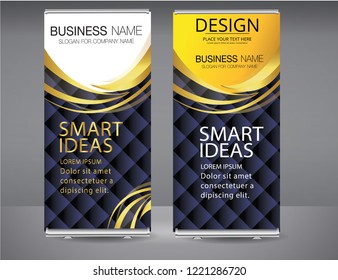 Roll up banner black golden standee business brochure template design. Vertical Abstract blue geometric texture background Can be adapt to Brochure, Report, Magazine, Poster, Corporate Presentation