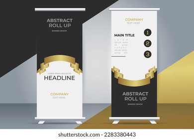 Roll up banner black golden standee business  banner with golden ribbon