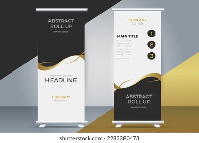 Roll up banner black golden standee business  banner with golden ribbon