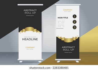 Roll up banner black golden standee business  banner with golden ribbon