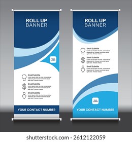 roll up banner blue colour, curve shape, vector design, illustration, business, marketing