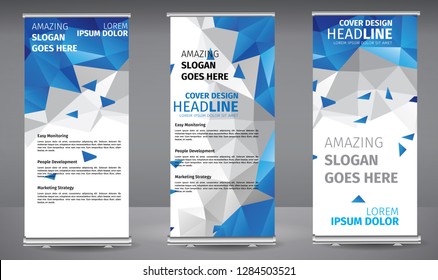 Roll up banner blue geometric standee business brochure template design. Vertical Abstract colorful geometric texture background Can be adapt to Brochure, Report, Magazine, Poster.