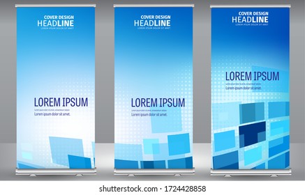 Roll up banner blue geometric standee business brochure template design. Vertical Abstract colorful geometric texture background Can be adapt to Brochure, Report, Magazine, Poster.