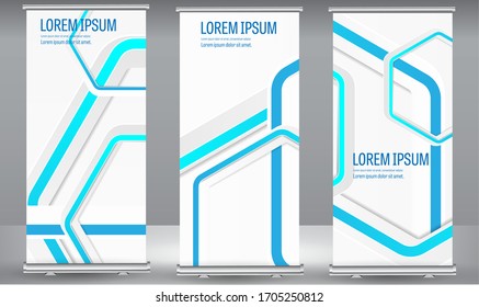 Acumulación de diseño de plantilla de plantilla de folleto de negocio con líneas de degradado azul en banner. Fondo de textura geométrica vertical abstracta coloreada Se puede adaptar a Folleto, Informe, Revista, Afiche.