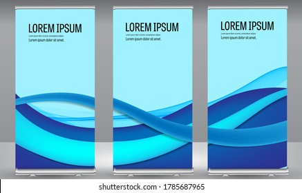 Banner-blaue Farbverlauf-Wellenstandwerte für Geschäftsbroschüren erstellen. Vertikal abstrakte bunter geometrischer Texturhintergrund Kann an Broschüre, Report, Magazine, Poster angepasst werden.