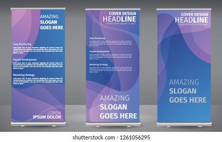 Roll up banner blue line wave standee business brochure template design. Vertical Abstract colorful geometric texture background Can be adapt to Brochure, Report, Magazine, Poster.