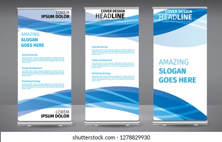Roll up banner blue line wave standee business brochure template design. Vertical Abstract colorful geometric texture background Can be adapt to Brochure, Report, Magazine, Poster.