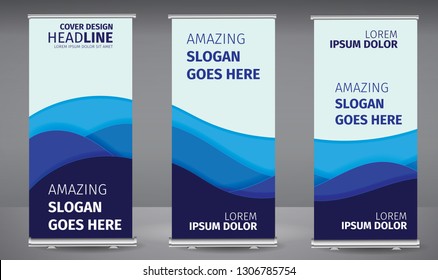 Roll up banner blue line wave standee business brochure template design. Vertical Abstract colorful geometric texture background Can be adapt to Brochure, Report, Magazine, Poster.