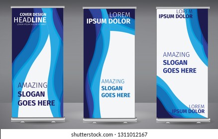 Roll up banner blue line wave standee business brochure template design. Vertical Abstract colorful geometric texture background Can be adapt to Brochure, Report, Magazine, Poster.