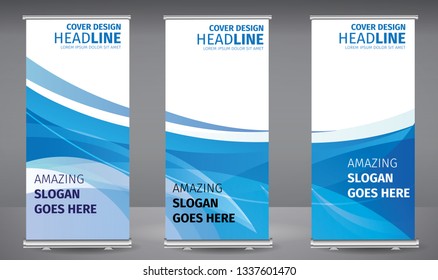 Roll up banner blue line wave standee business brochure template design. Vertical Abstract colorful geometric texture background Can be adapt to Brochure, Report, Magazine, Poster.