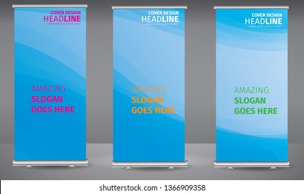 Roll up banner blue line wave standee business brochure template design. Vertical Abstract colorful geometric texture background Can be adapt to Brochure, Report, Magazine, Poster.