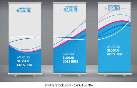 Roll up banner blue line wave standee business brochure template design. Vertical Abstract colorful geometric texture background Can be adapt to Brochure, Report, Magazine, Poster.