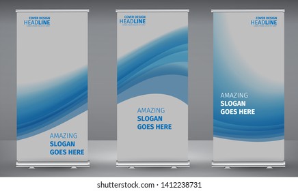 Roll up banner blue line wave standee business brochure template design. Vertical Abstract colorful geometric texture background Can be adapt to Brochure, Report, Magazine, Poster.
