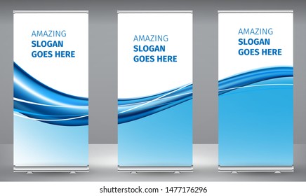 Roll up banner blue line wave standee business brochure template design. Vertical Abstract colorful geometric texture background Can be adapt to Brochure, Report, Magazine, Poster.