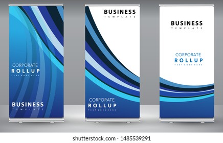 Roll up banner blue line wave standee business brochure template design. Vertical Abstract colorful geometric texture background Can be adapt to Brochure, Report, Magazine, Poster.