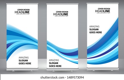 Roll up banner blue line wave standee business brochure template design. Vertical Abstract colorful geometric texture background Can be adapt to Brochure, Report, Magazine, Poster.