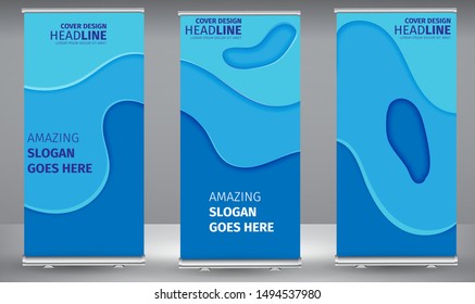 Roll up banner blue line wave standee business brochure template design. Vertical Abstract colorful geometric texture background Can be adapt to Brochure, Report, Magazine, Poster.
