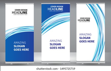 Roll up banner blue line wave standee business brochure template design. Vertical Abstract colorful geometric texture background Can be adapt to Brochure, Report, Magazine, Poster.