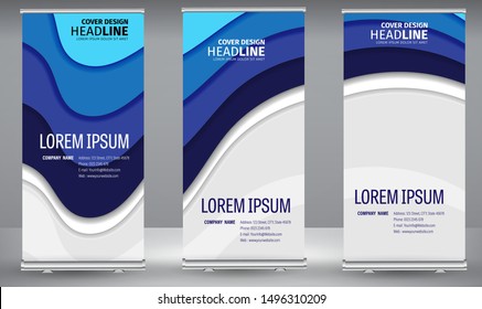 Roll up banner blue line wave standee business brochure template design. Vertical Abstract colorful geometric texture background Can be adapt to Brochure, Report, Magazine, Poster.