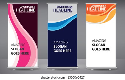 Roll up banner blue, orange, pink line wave standee business brochure template design. Vertical Abstract colorful geometric texture background Can be adapt to Brochure, Report, Magazine, Poster.