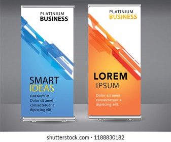 Roll up banner blue, orange standee business brochure template design. Vertical Abstract blue geometric texture background Can be adapt to Brochure, Report, Magazine, Poster, Corporate Presentation.