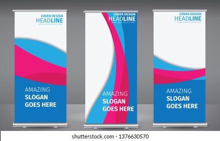 Roll up banner blue, pink line wave standee business brochure template design. Vertical Abstract colorful geometric texture background Can be adapt to Brochure, Report, Magazine, Poster.