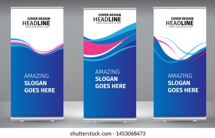 Roll up banner blue, pink line wave standee business brochure template design. Vertical Abstract colorful geometric texture background Can be adapt to Brochure, Report, Magazine, Poster.