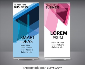 Roll up banner blue, pink standee business brochure template design. Vertical Abstract blue geometric texture background Can be adapt to Brochure, Report, Magazine, Poster, Corporate Presentation.