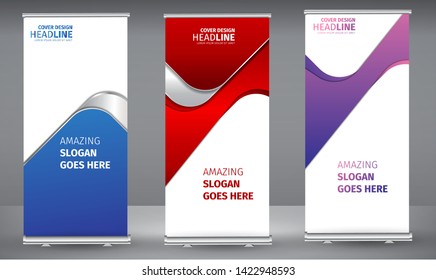 Roll up banner blue red purple geometric standee business brochure template design. Vertical Abstract colorful geometric texture background Can be adapt to Brochure, Report, Magazine, Poster.