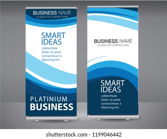 Roll up banner blue swoosh standee business brochure template design. Vertical Abstract blue geometric texture background Can be adapt to Brochure, Report, Magazine, Poster, Corporate Presentation.