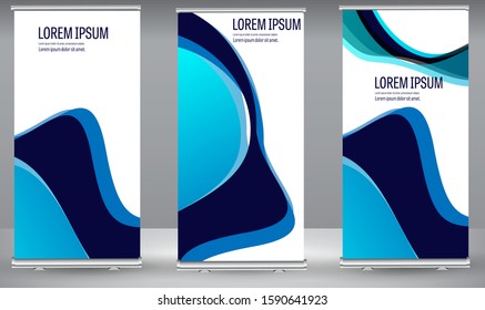 Roll up banner blue wavy standee business brochure template design 