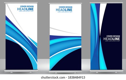 Roll up banner blue wavy standee business brochure template design 