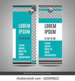 Roll Up banner. Brochure cover or flyer template design. Stock vector.
