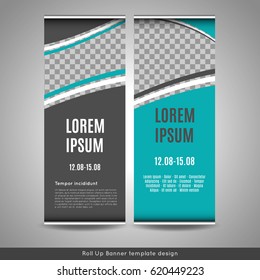 Roll Up banner. Brochure cover or flyer template design. Stock vector.
