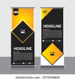 roll up banner, brochure, flyer, banner design, template, vector, abstract line pattern background, modern x-banner, pull up banner, yellow and black, rectangle size.