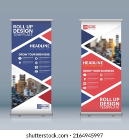 Roll Up Banner Brochure Flyer  Design, Abstract Background, Modern X-banner, Red And Blue Color Exhibition Advertising Business Pull Up Banner template vector illustration isolated