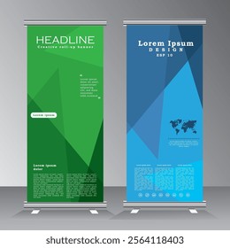Roll up banner for business, brochure, flyer, Vertical banner design with green and blue colour, industrial, company, template, vector, abstract, modern x-banner, pull-up banner, rectangle size banner