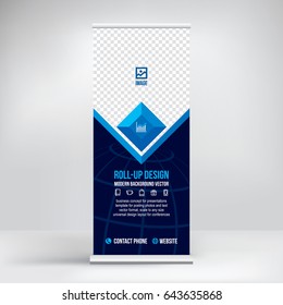 Roll up banner for business conferences, presentations, seminars, product advertising company, a ready-made template to embed pictures and text, vector background.