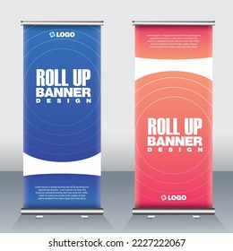 Roll up banner for business event, Vertical abstract premium design in blue and red.