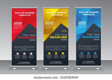 Roll up banner for business events, Roll up banner with print ready design, Standee, stand and pull up, vertical banner, Vector Banner with Blue, Yellow and Red