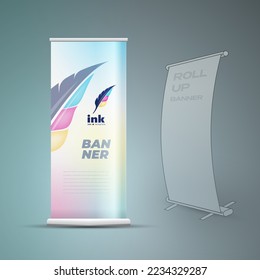 Roll up banner cmyk polygraphy theme Cover colored feather pen print theme vector