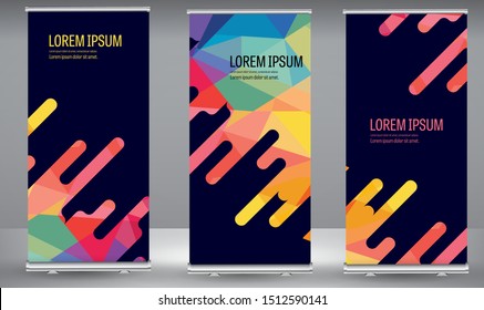 Roll Up Banner Colorful Geometric Standee Business Brochure Template Design. Vertical Abstract Colorful Geometric Texture Background Can Be Adapt To Brochure, Report, Magazine, Poster.