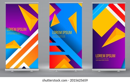 Roll up banner colorful standee business brochure template design. Vertical Abstract blue geometric texture background Can be adapt to Brochure, Report, Magazine, Poster, Corporate Presentation.
